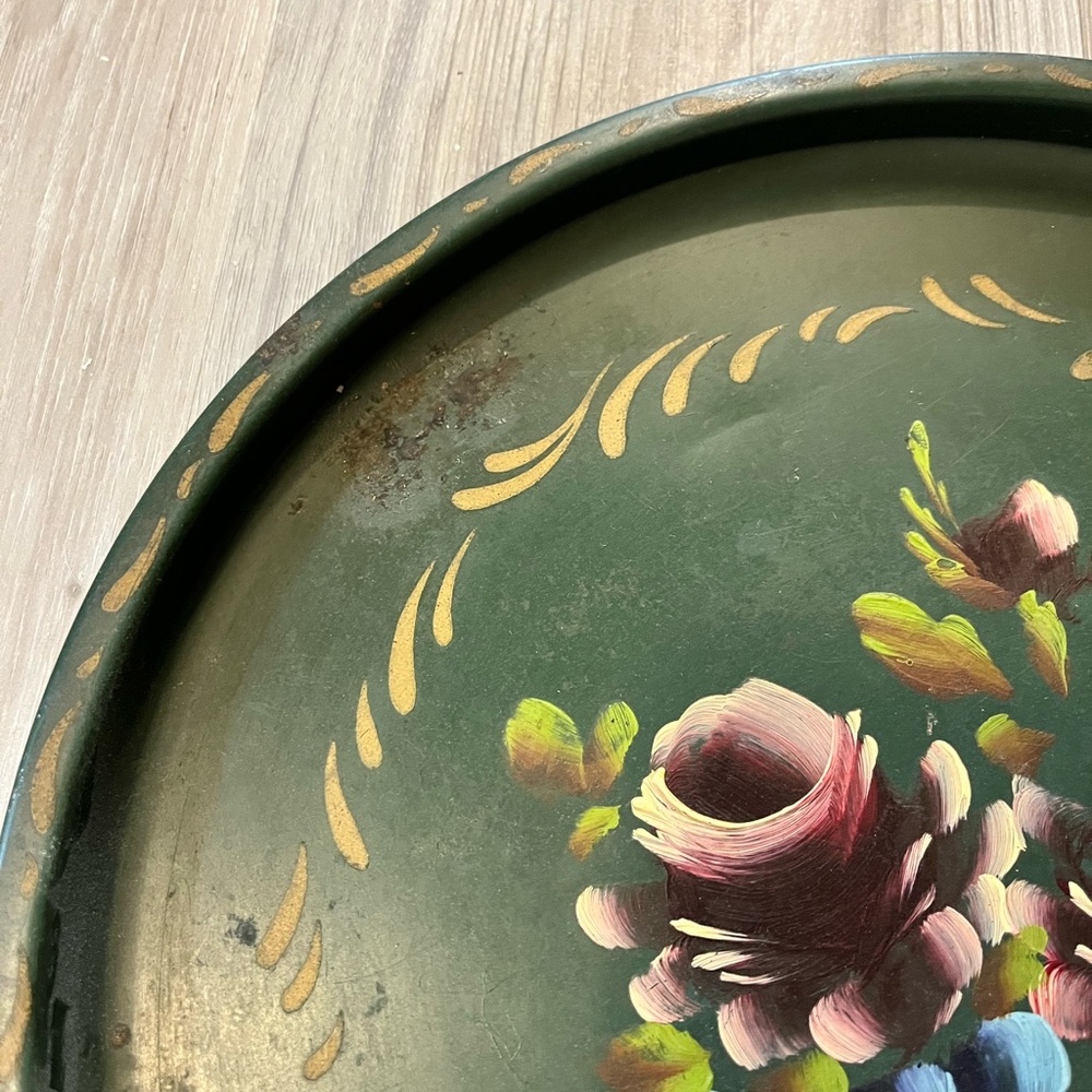 Vintage Green Hand Painted Floral Toleware Tray E. T. Nash Co. - Picture 2 of 5